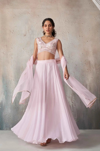 Soft Light pink Georgette Hand Work Indo Western lehenga Set With Dupatta