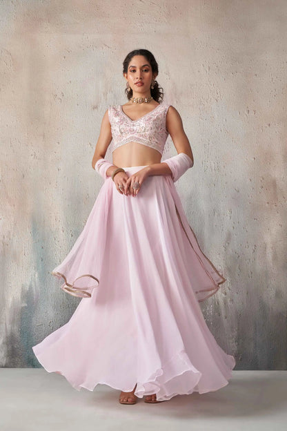 Soft Light pink Georgette Hand Work Indo Western lehenga Set With Dupatta