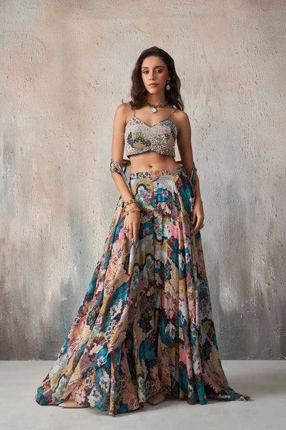 Multi Color Blue Printed With Hand Work Indo Western With Long Shrug
