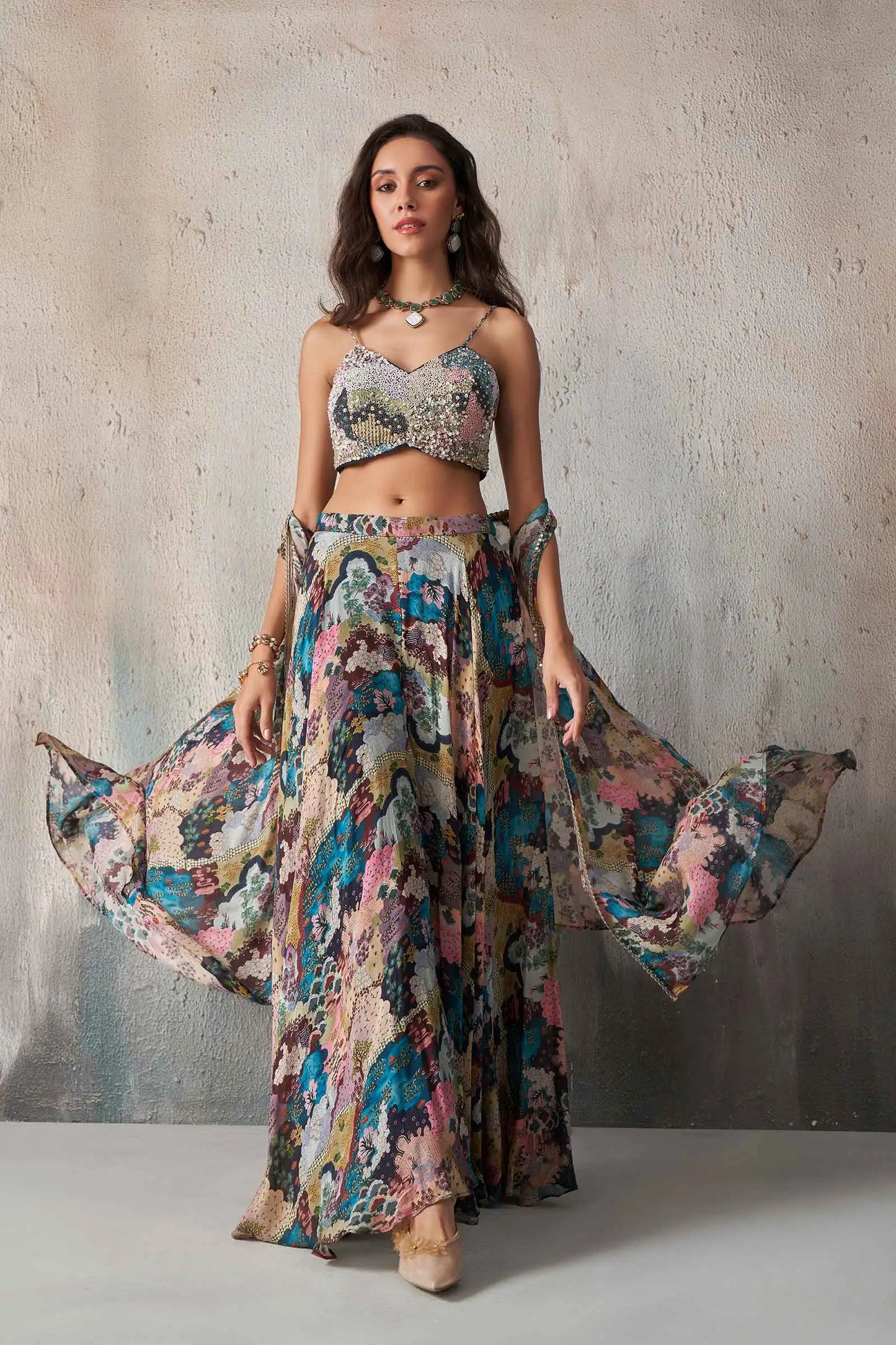 Multi Color Blue Printed With Hand Work Indo Western With Long Shrug
