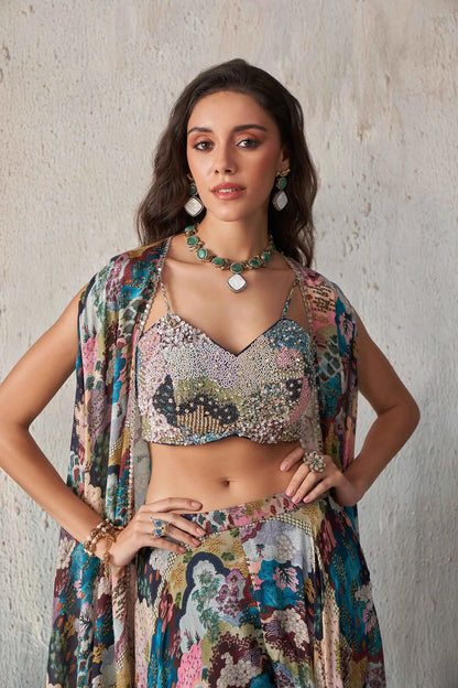 Multi Color Blue Printed With Hand Work Indo Western With Long Shrug