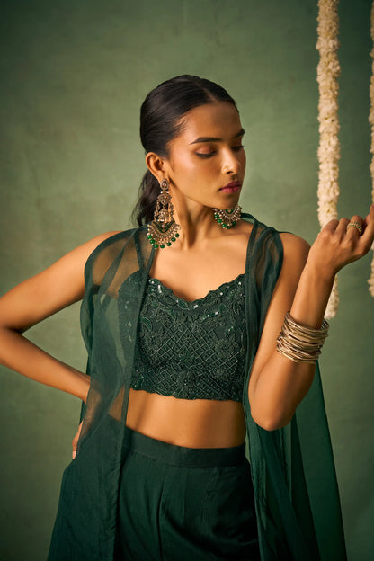 Dark Green Indo Western Khatli Work Blouse With Sharara And Cap