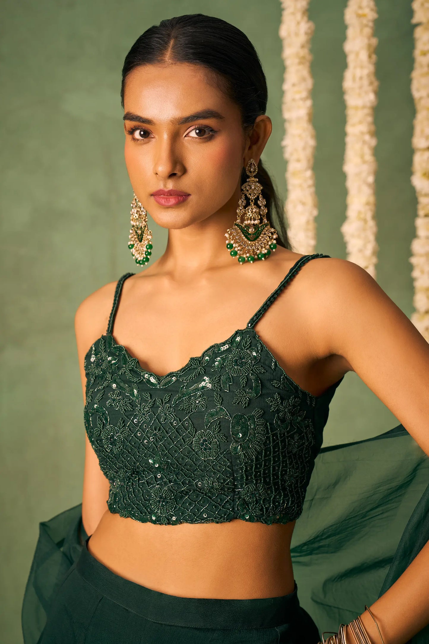 Dark Green Indo Western Khatli Work Blouse With Sharara And Cap