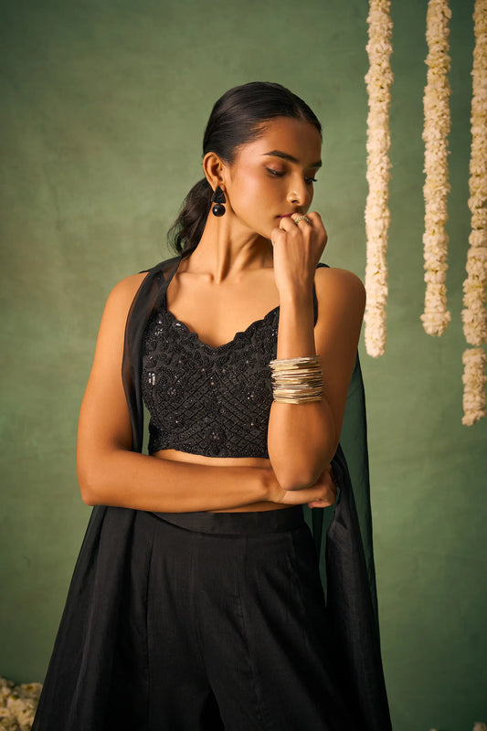 Black Indo Western Khatli Work Blouse With Sharara And Cap