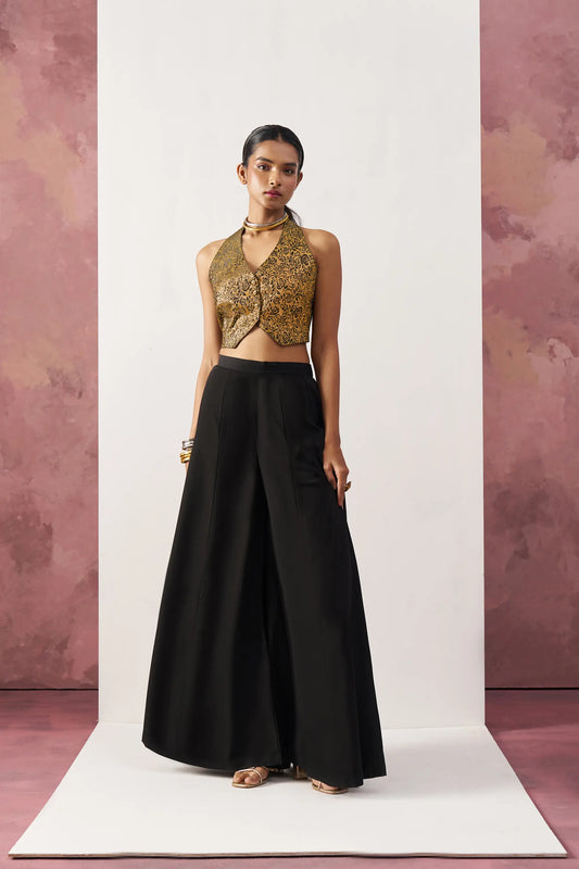 Black Jacquard Waistcoat And Palazzo Indo Western Co-ord Set