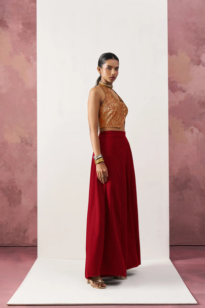 Maroon Red Jacquard Waistcoat And Palazzo Indo Western Co-ord Set