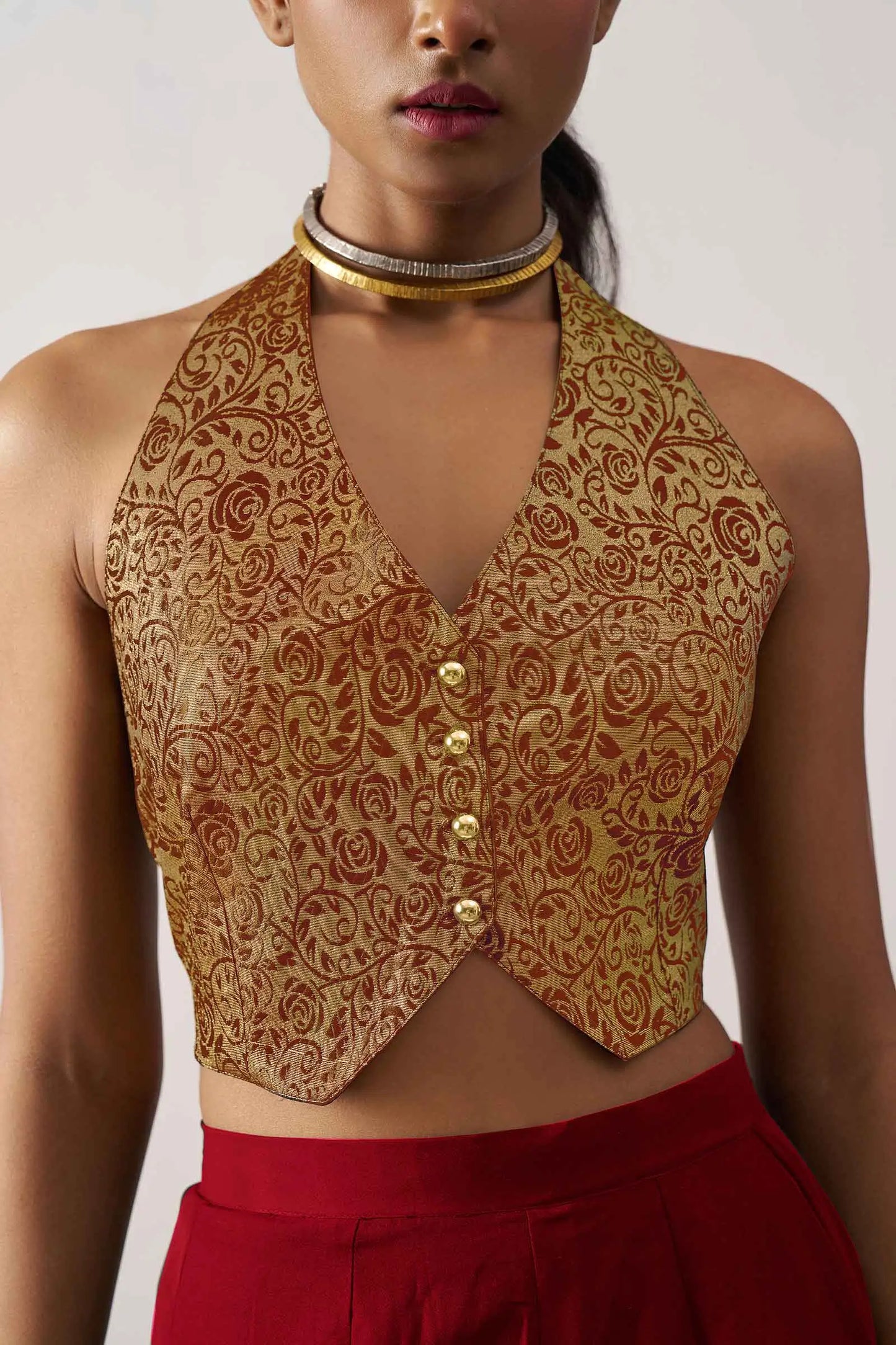 Maroon Red Jacquard Waistcoat And Palazzo Indo Western Co-ord Set