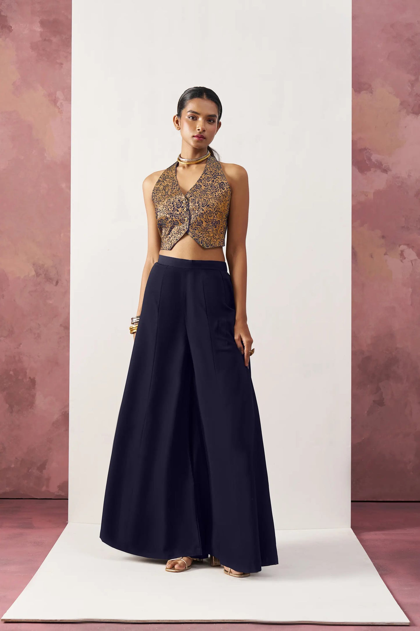 Navy Blue Jacquard Waistcoat And Palazzo Indo Western Co-ord Set