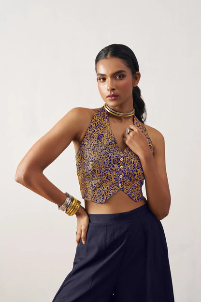 Navy Blue Jacquard Waistcoat And Palazzo Indo Western Co-ord Set