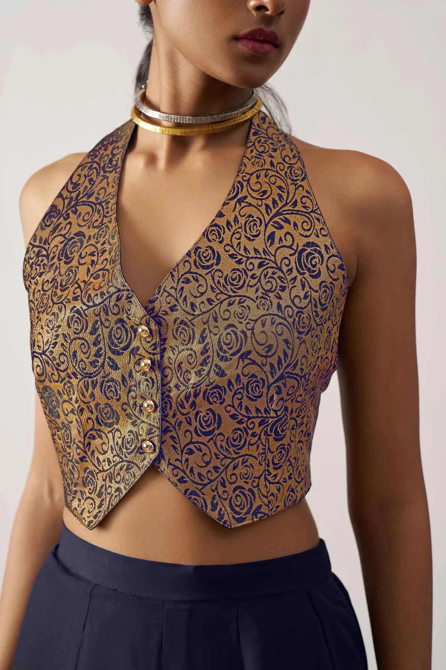 Navy Blue Jacquard Waistcoat And Palazzo Indo Western Co-ord Set