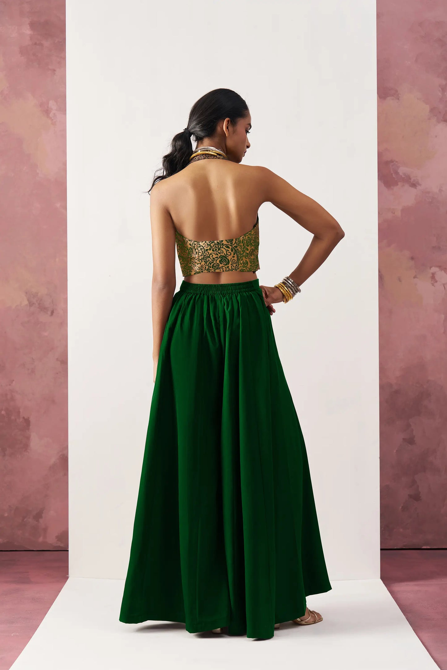 Green Jacquard Waistcoat And Palazzo Indo Western Co-ord Set