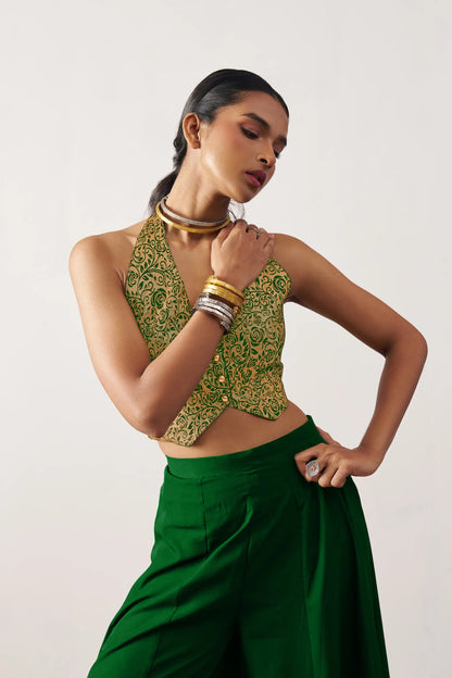 Green Jacquard Waistcoat And Palazzo Indo Western Co-ord Set