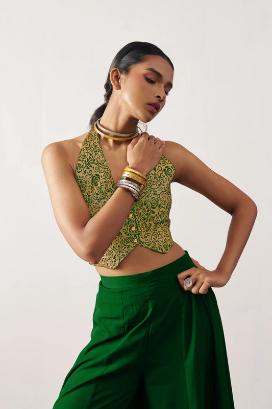 Green Jacquard Waistcoat And Palazzo Indo Western Co-ord Set