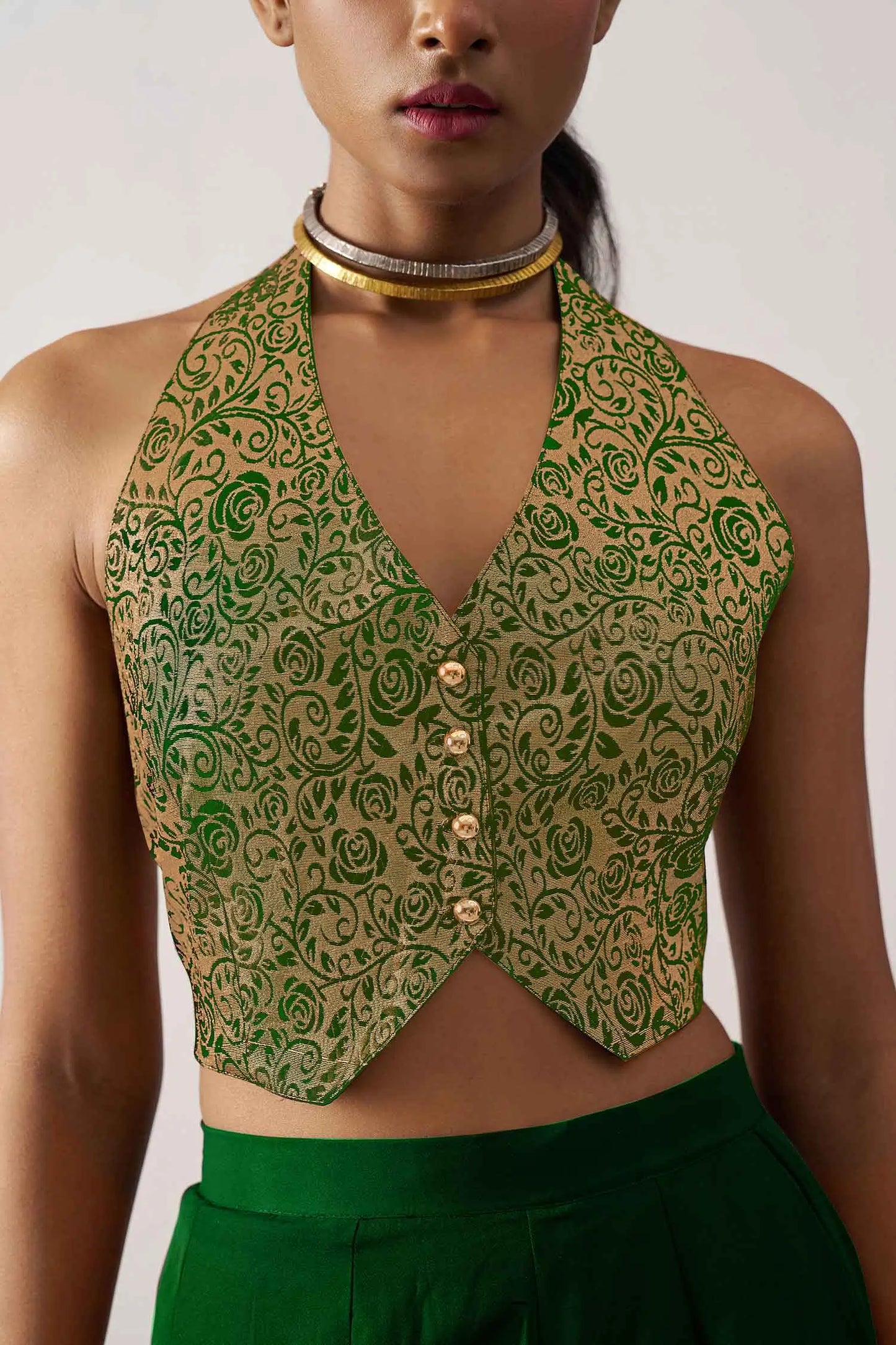 Green Jacquard Waistcoat And Palazzo Indo Western Co-ord Set