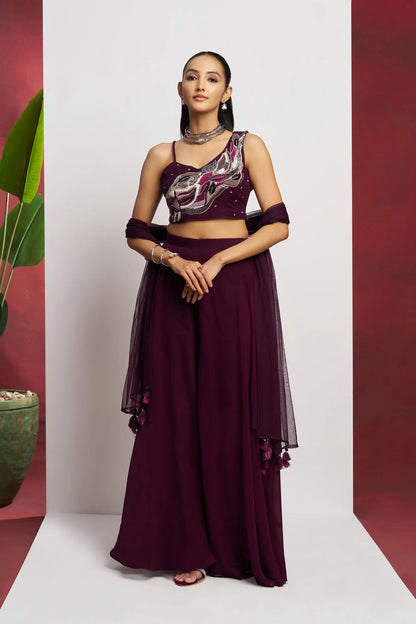 Wine Hand Work Party wear Indo Western Sharara Set With Dupatta