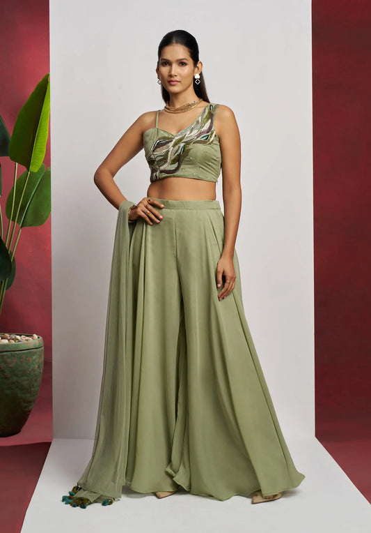 Party wear Light Olive Green Hand Work Indo Western Sharara Set With Dupatta