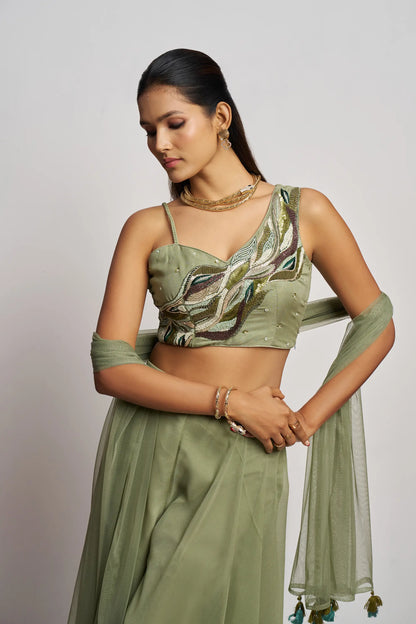 Party wear Light Olive Green Hand Work Indo Western Sharara Set With Dupatta