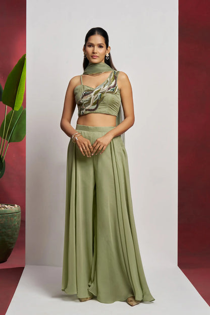 Party wear Light Olive Green Hand Work Indo Western Sharara Set With Dupatta