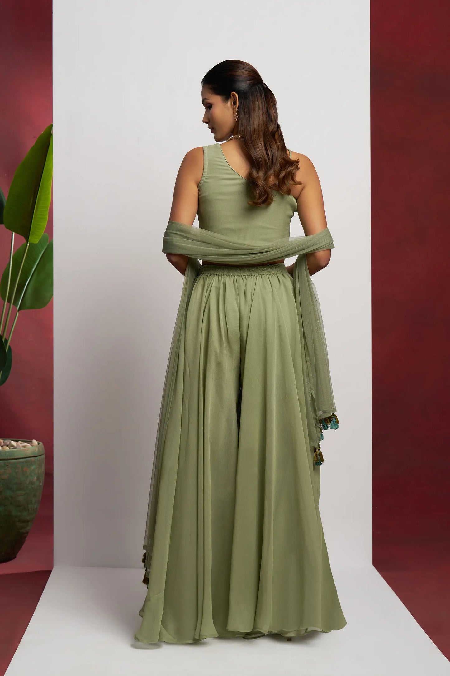 Party wear Light Olive Green Hand Work Indo Western Sharara Set With Dupatta