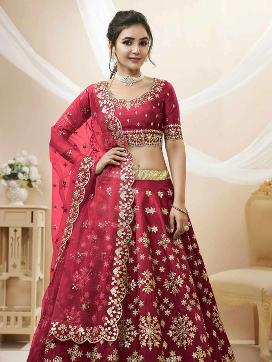 Red Art Silk lehenga With Sequins Zari Embroidered Work With Dupatta