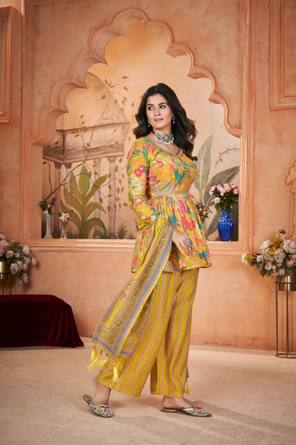 Yellow Digital Floral Print Silk Salwar Suit