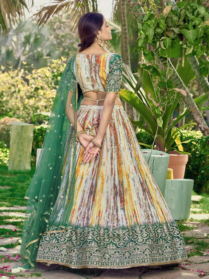 Designer Green Lehenga With Sequins Zari Embroidery Work With Digital Print
