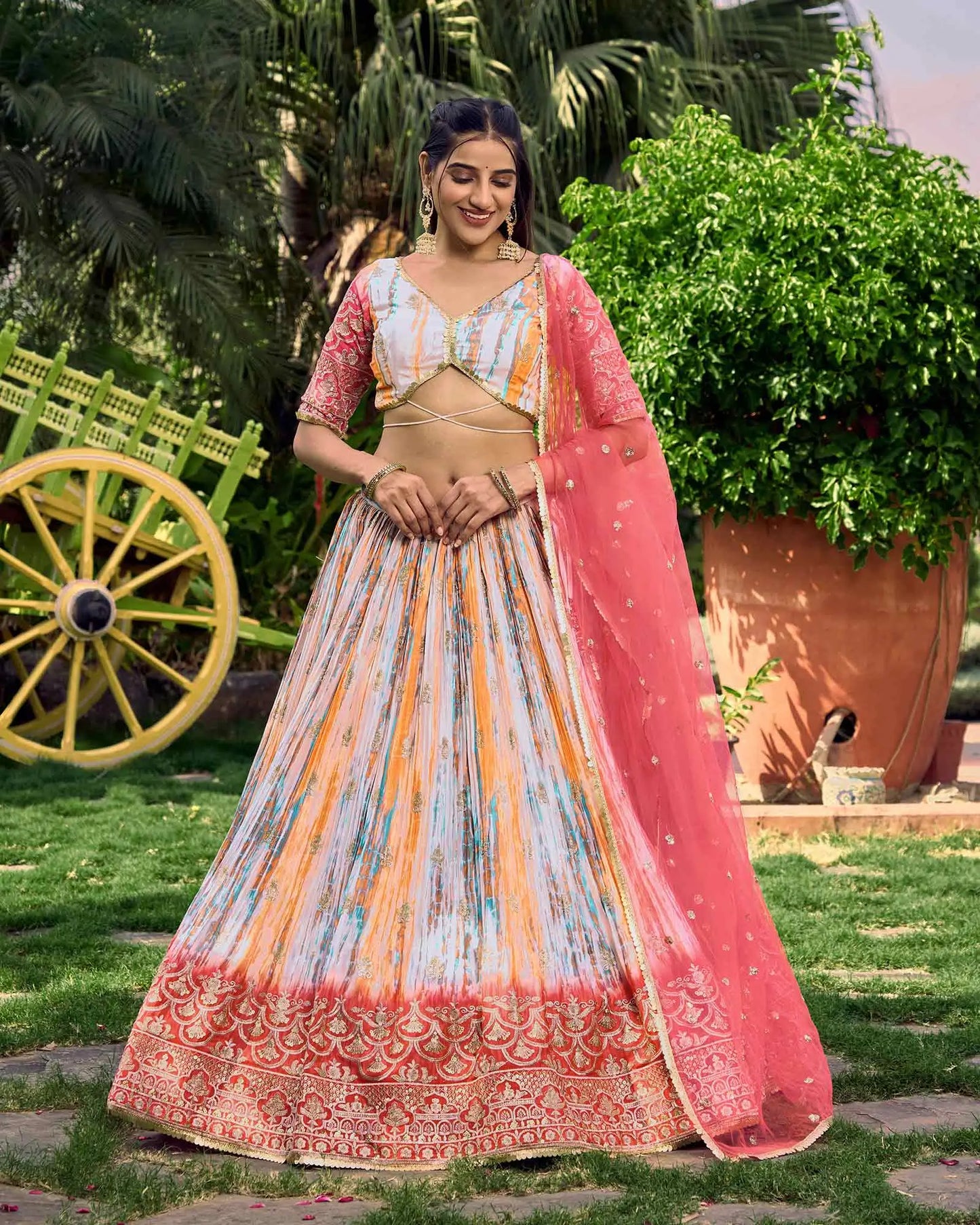 Pink With Multi Color Lehenga With Sequins Zari Embroidery Work With Digital Print