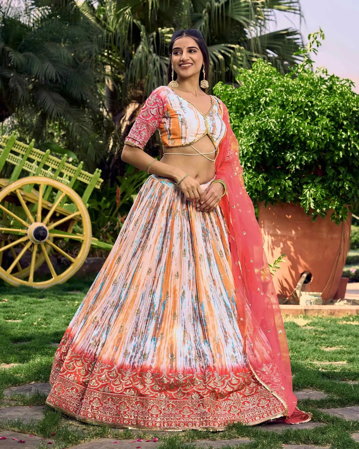 Pink With Multi Color Lehenga With Sequins Zari Embroidery Work With Digital Print
