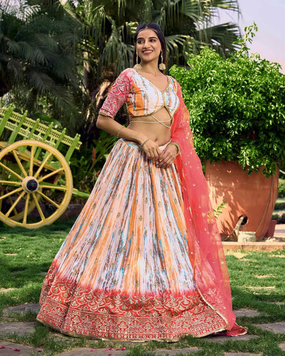 Pink With Multi Color Lehenga With Sequins Zari Embroidery Work With Digital Print