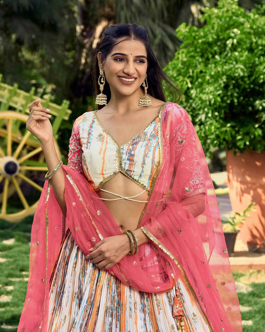 Pink With Multi Color Lehenga With Sequins Zari Embroidery Work With Digital Print
