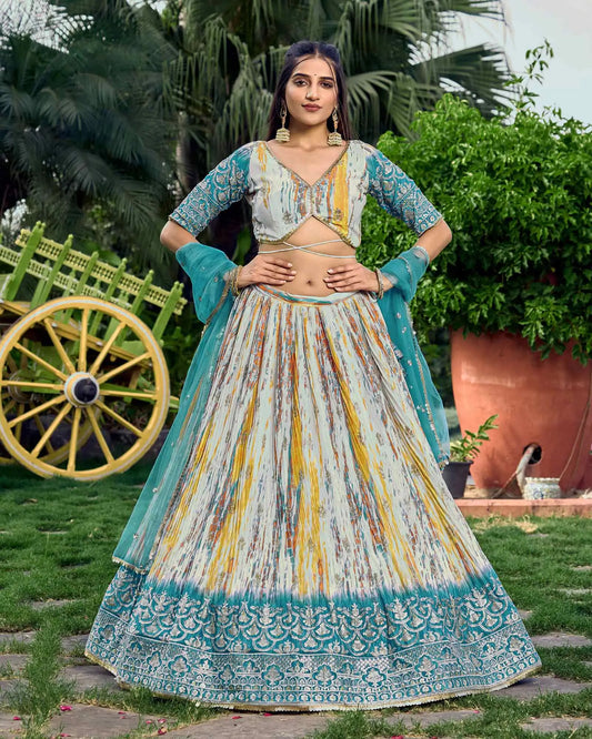 Designer Sea Blue Lehenga With Sequins Zari Embroidery Work With Digital Print