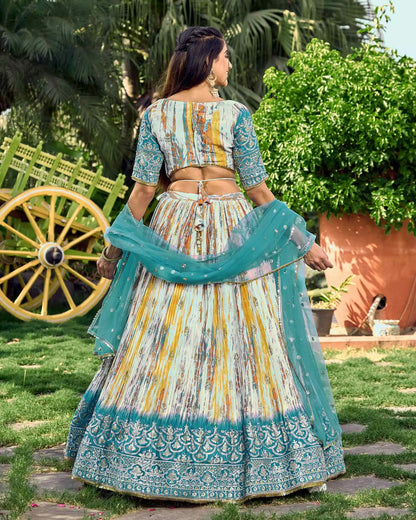 Designer Sea Blue Lehenga With Sequins Zari Embroidery Work With Digital Print