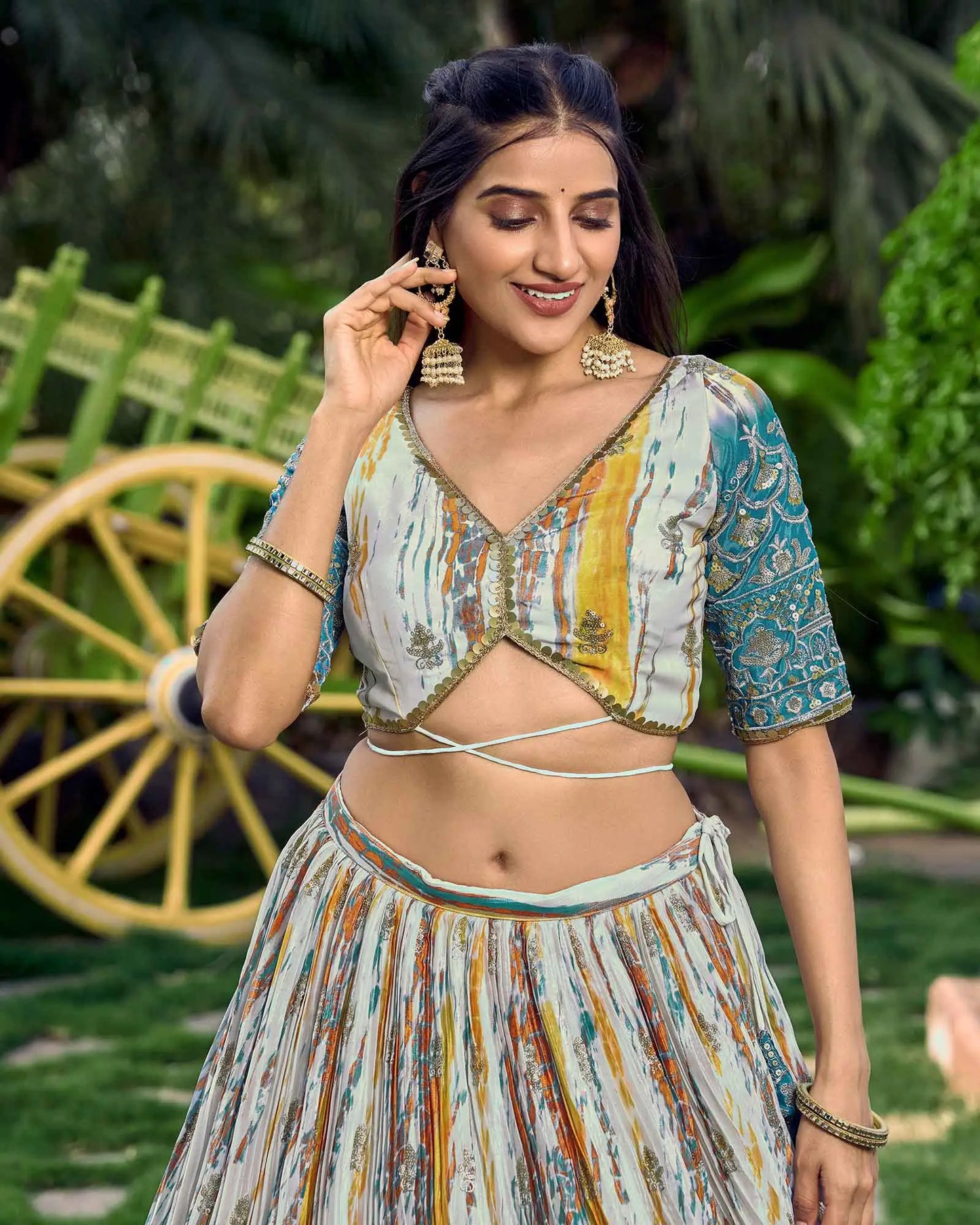 Designer Sea Blue Lehenga With Sequins Zari Embroidery Work With Digital Print