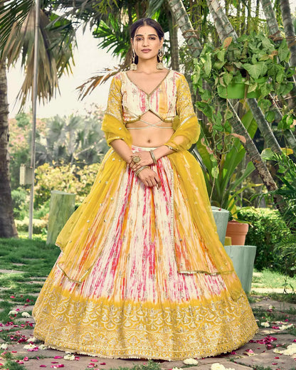 Lightning Yellow Lehenga With Sequins Zari Embroidery Work With Digital Print