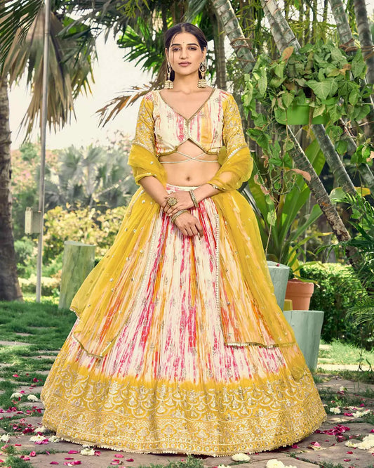Lightning Yellow Lehenga With Sequins Zari Embroidery Work With Digital Print