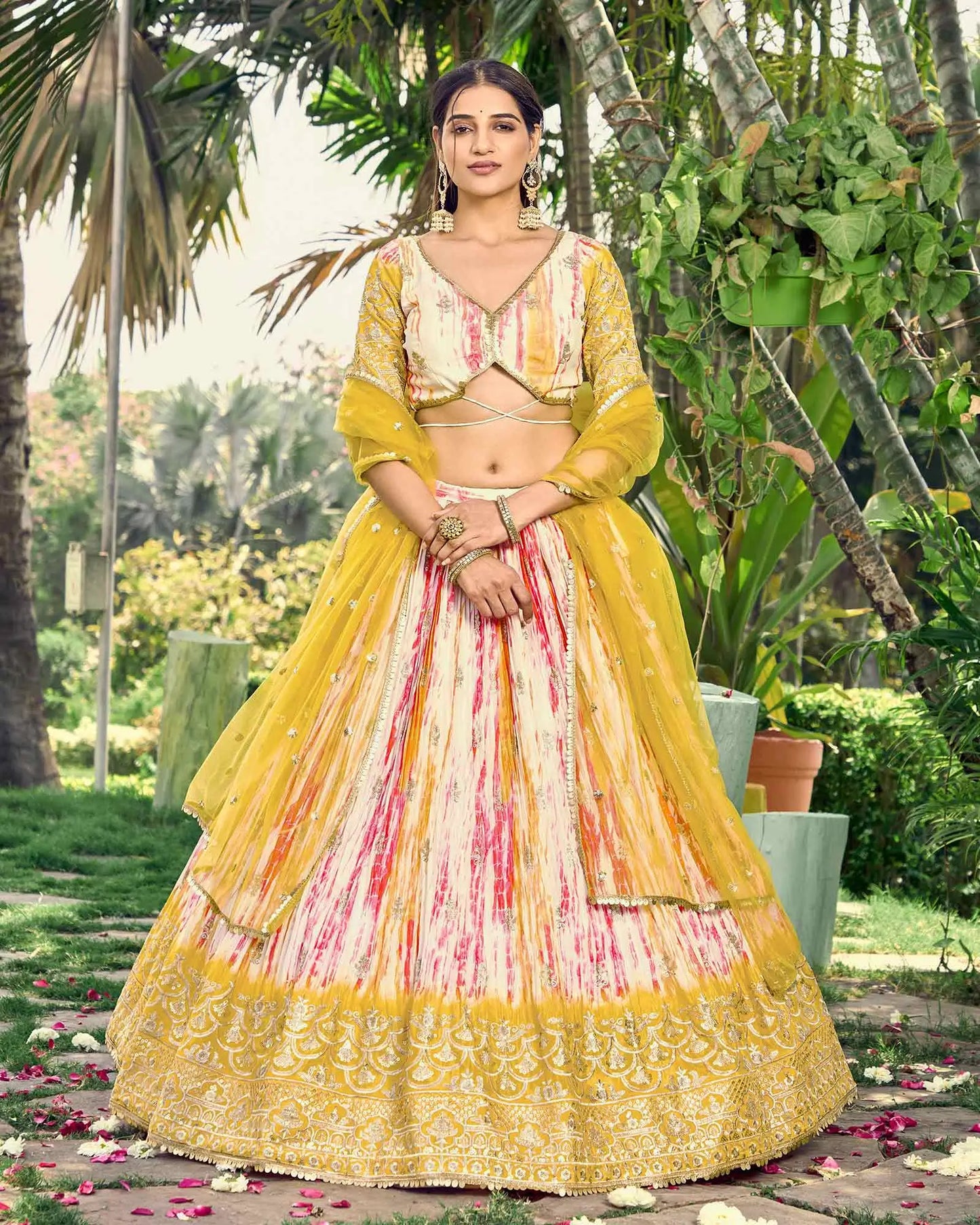 Lightning Yellow Lehenga With Sequins Zari Embroidery Work With Digital Print