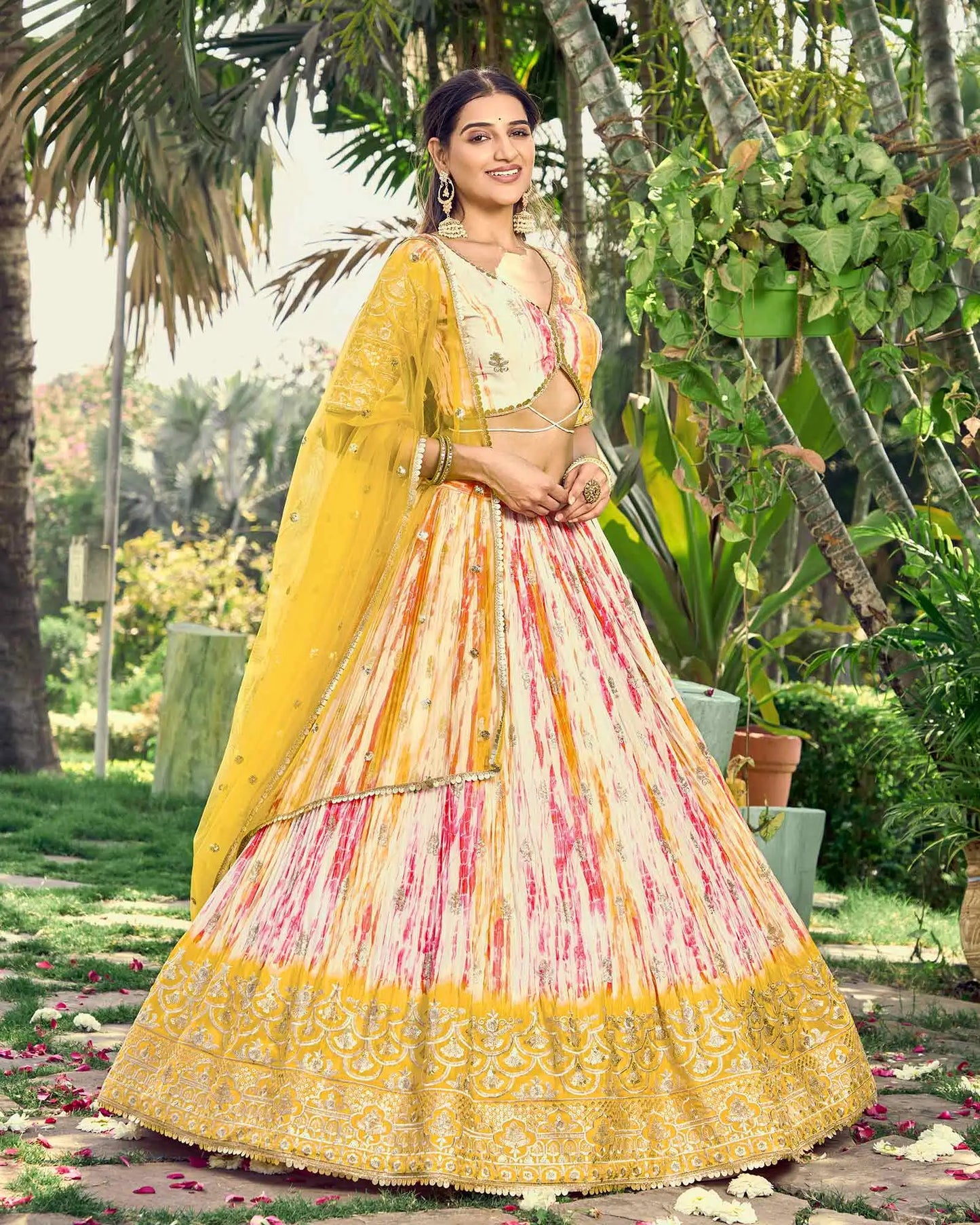 Lightning Yellow Lehenga With Sequins Zari Embroidery Work With Digital Print