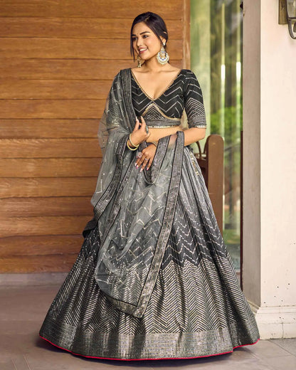 Black And Grey Lehenga Choli With Thread And Sequins Embroidery Work