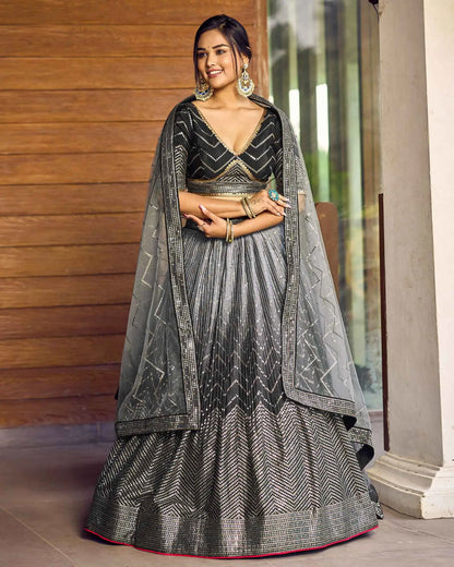 Black And Grey Lehenga Choli With Thread And Sequins Embroidery Work