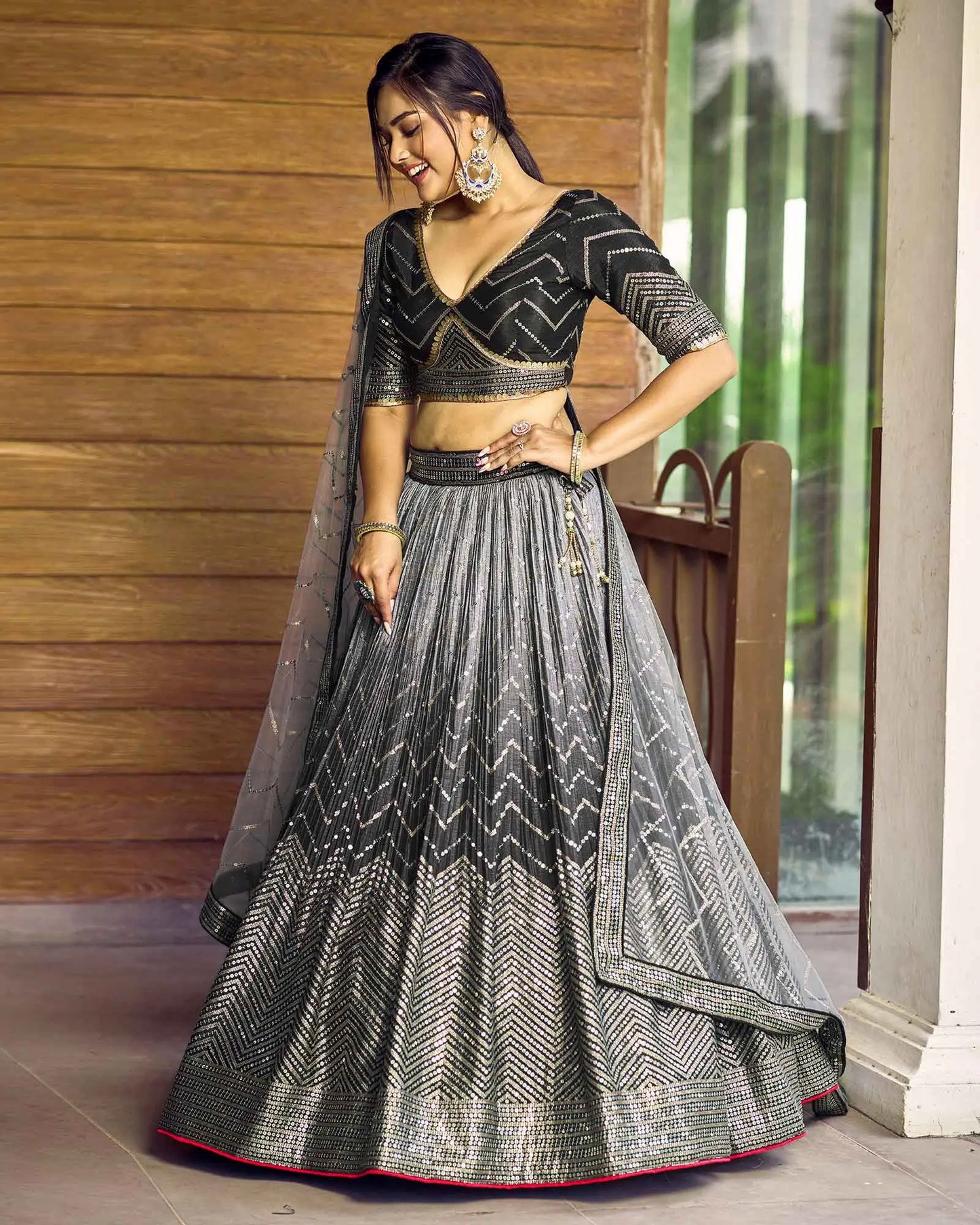 Black And Grey Lehenga Choli With Thread And Sequins Embroidery Work