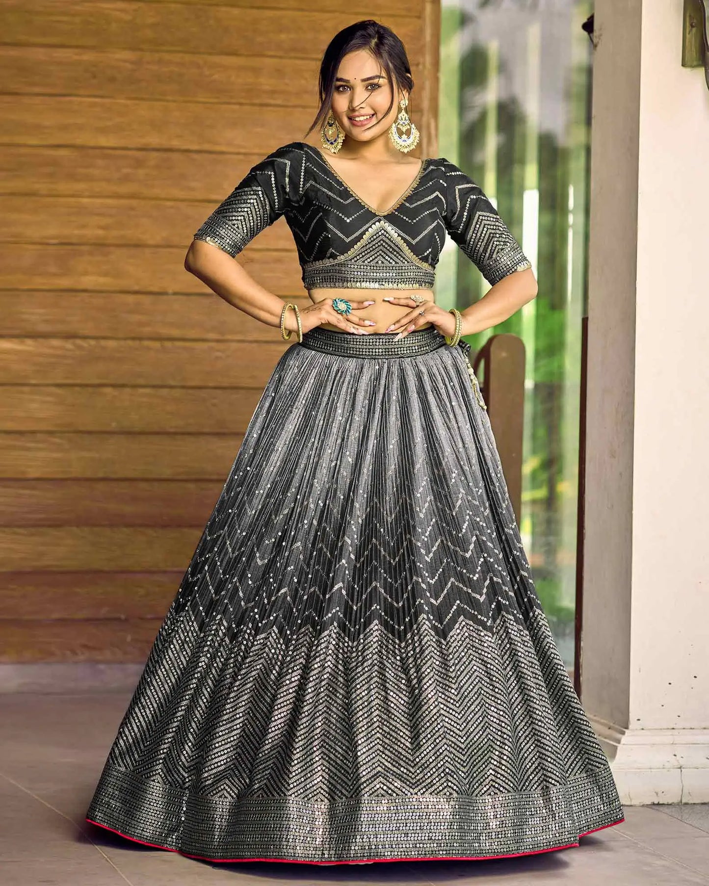Black And Grey Lehenga Choli With Thread And Sequins Embroidery Work