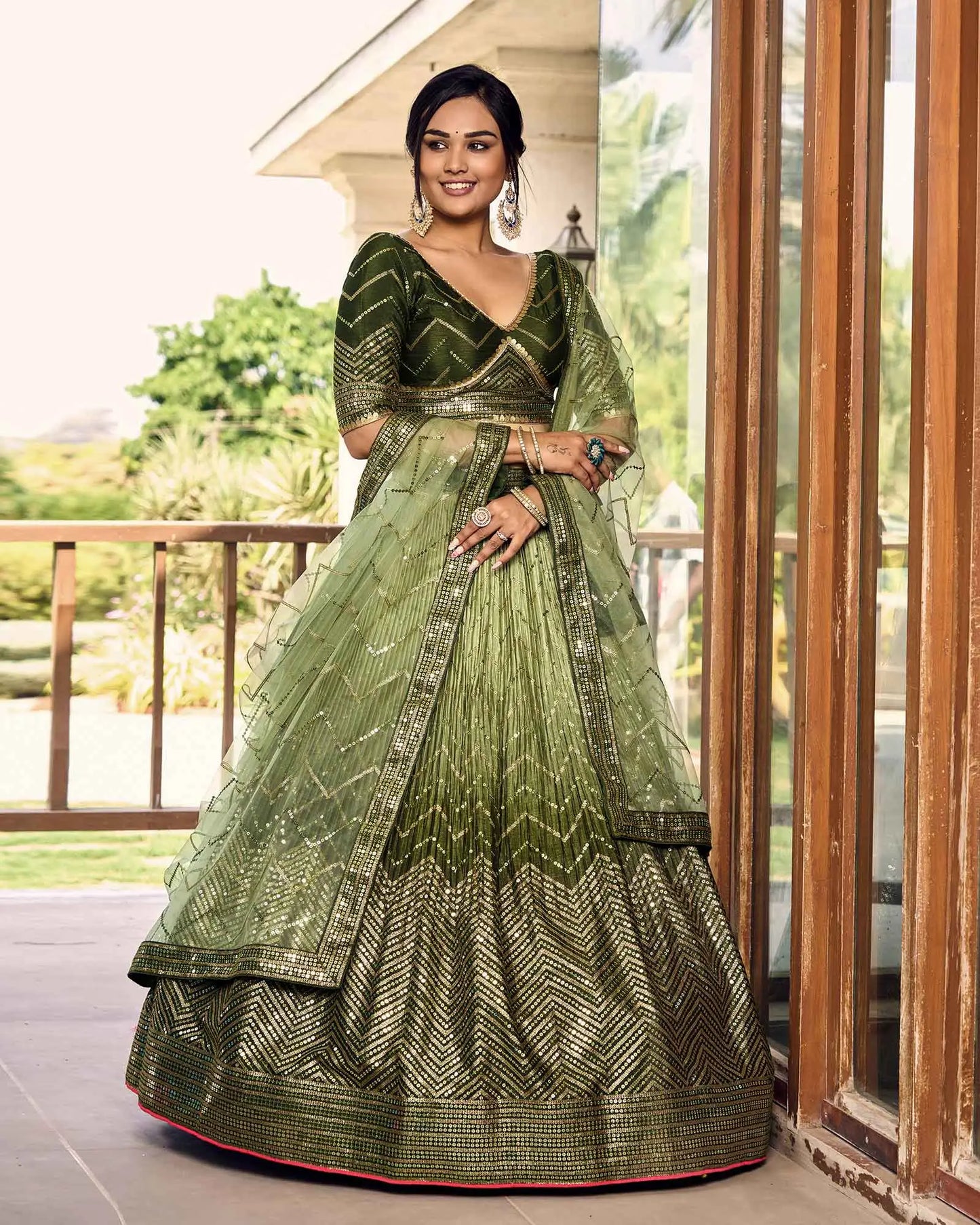Dark And Light Green Lehenga Choli With Thread And Sequins Embroidery Work