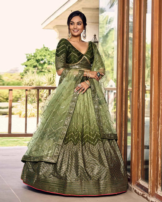 Dark And Light Green Lehenga Choli With Thread And Sequins Embroidery Work