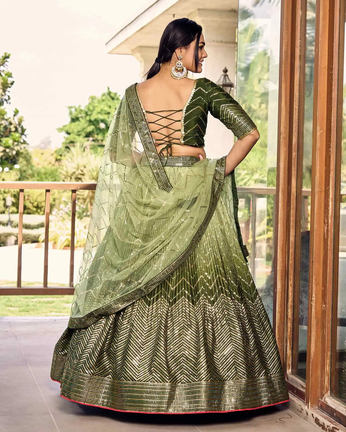 Dark And Light Green Lehenga Choli With Thread And Sequins Embroidery Work