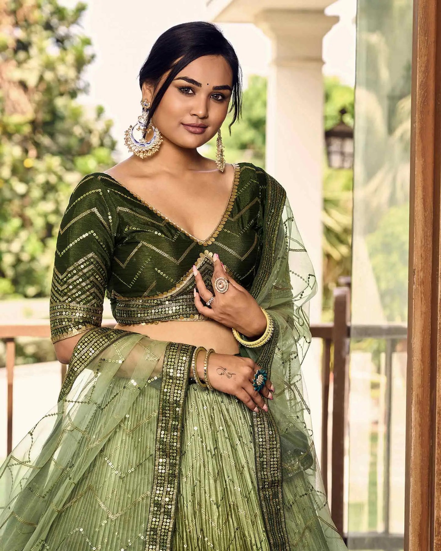 Dark And Light Green Lehenga Choli With Thread And Sequins Embroidery Work