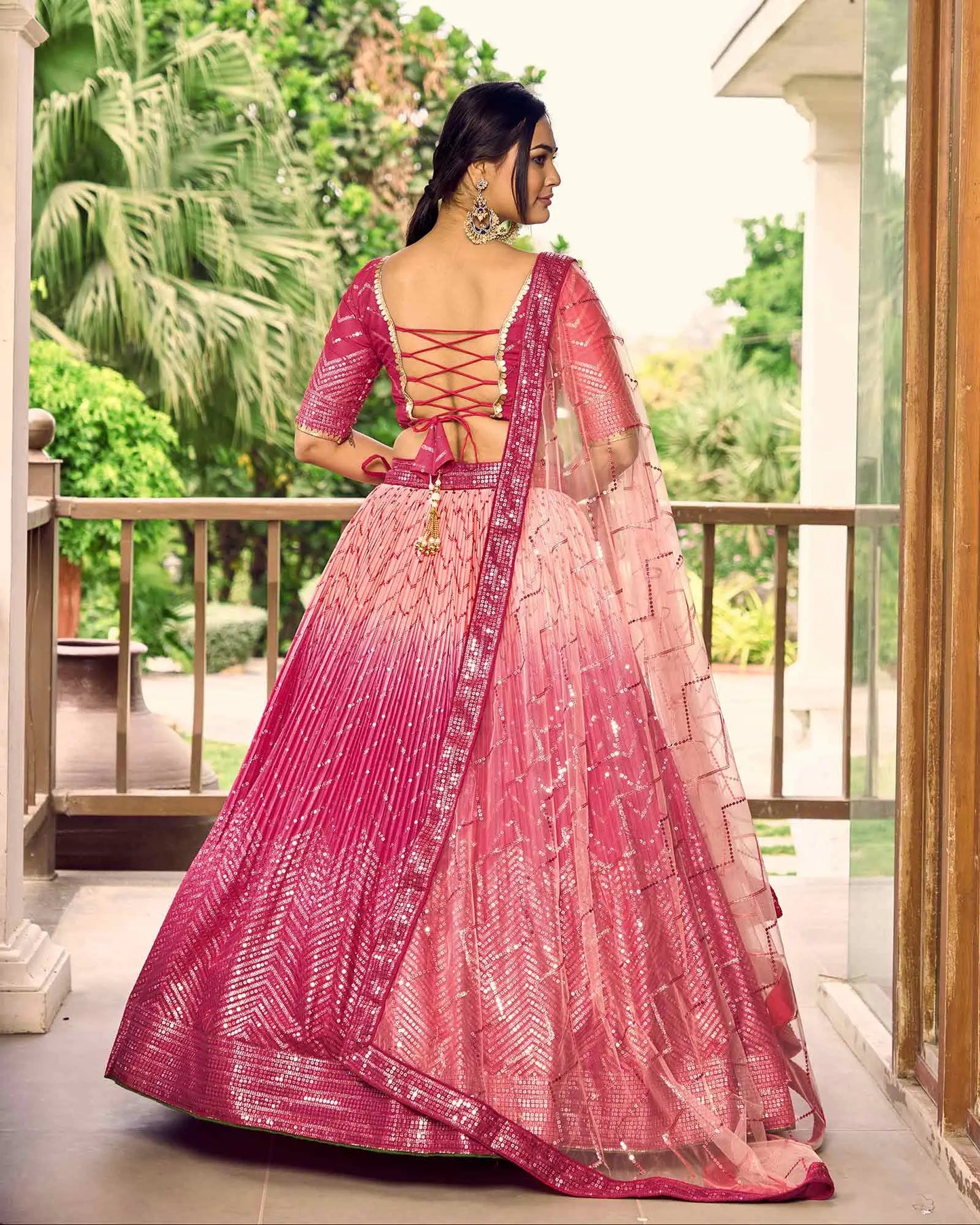 Peach And Pink Lehenga Choli With Thread And Sequins Embroidery Work
