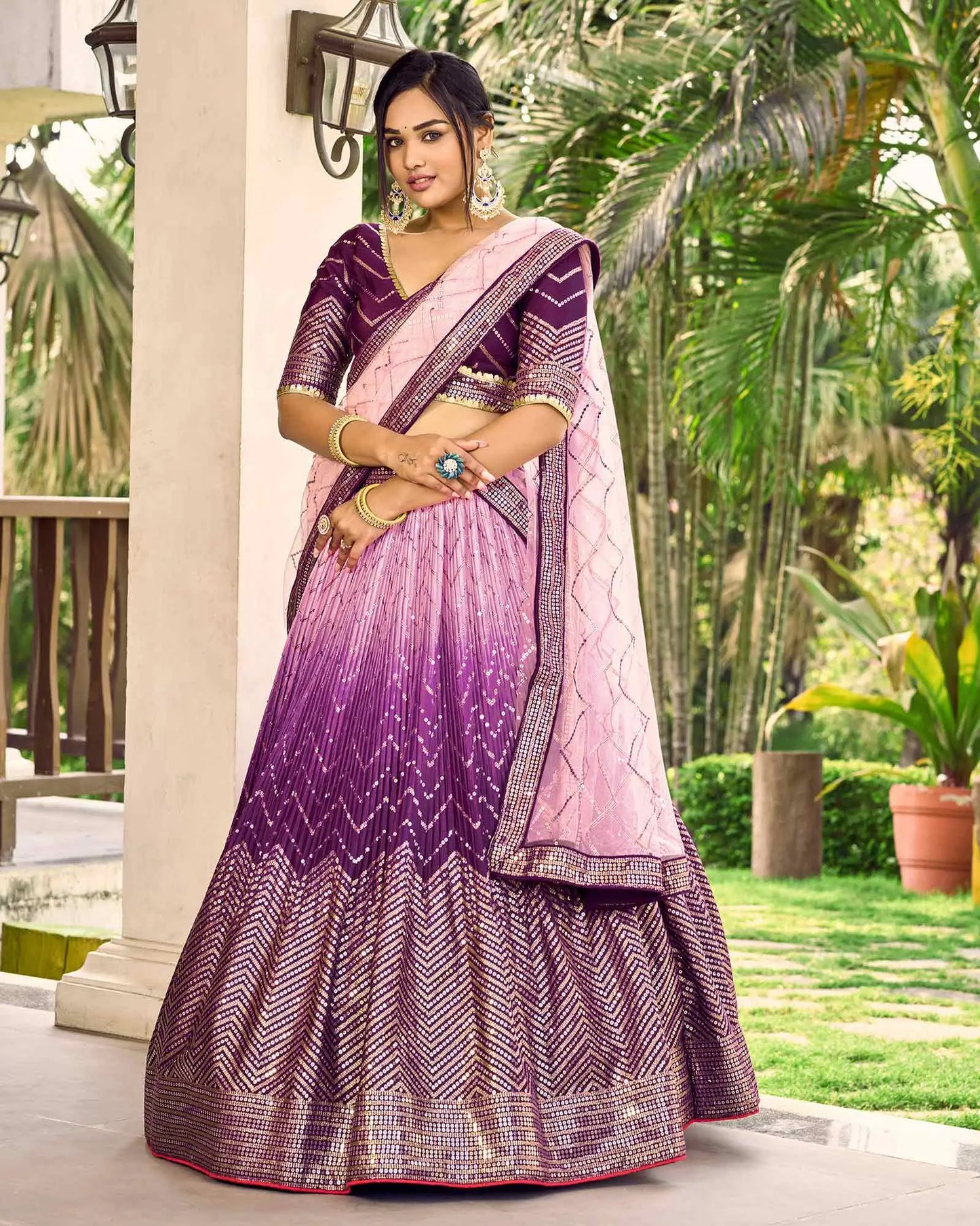 Purple And Light Peach Lehenga Choli With Thread And Sequins Embroidery Work
