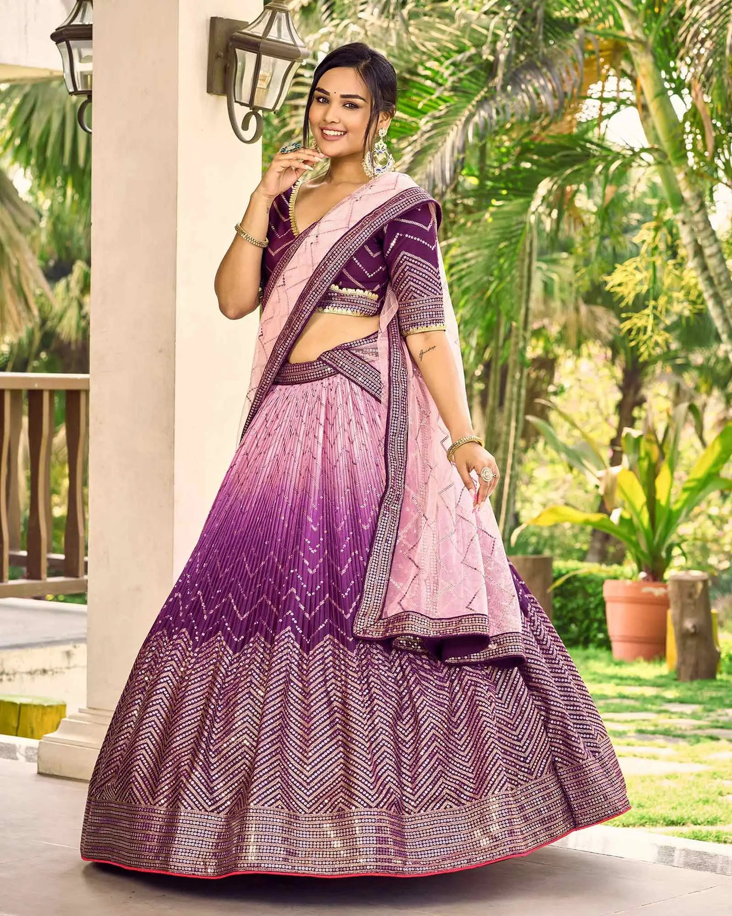 Purple And Light Peach Lehenga Choli With Thread And Sequins Embroidery Work