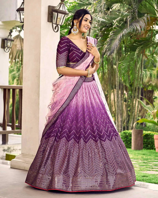 Purple And Light Peach Lehenga Choli With Thread And Sequins Embroidery Work