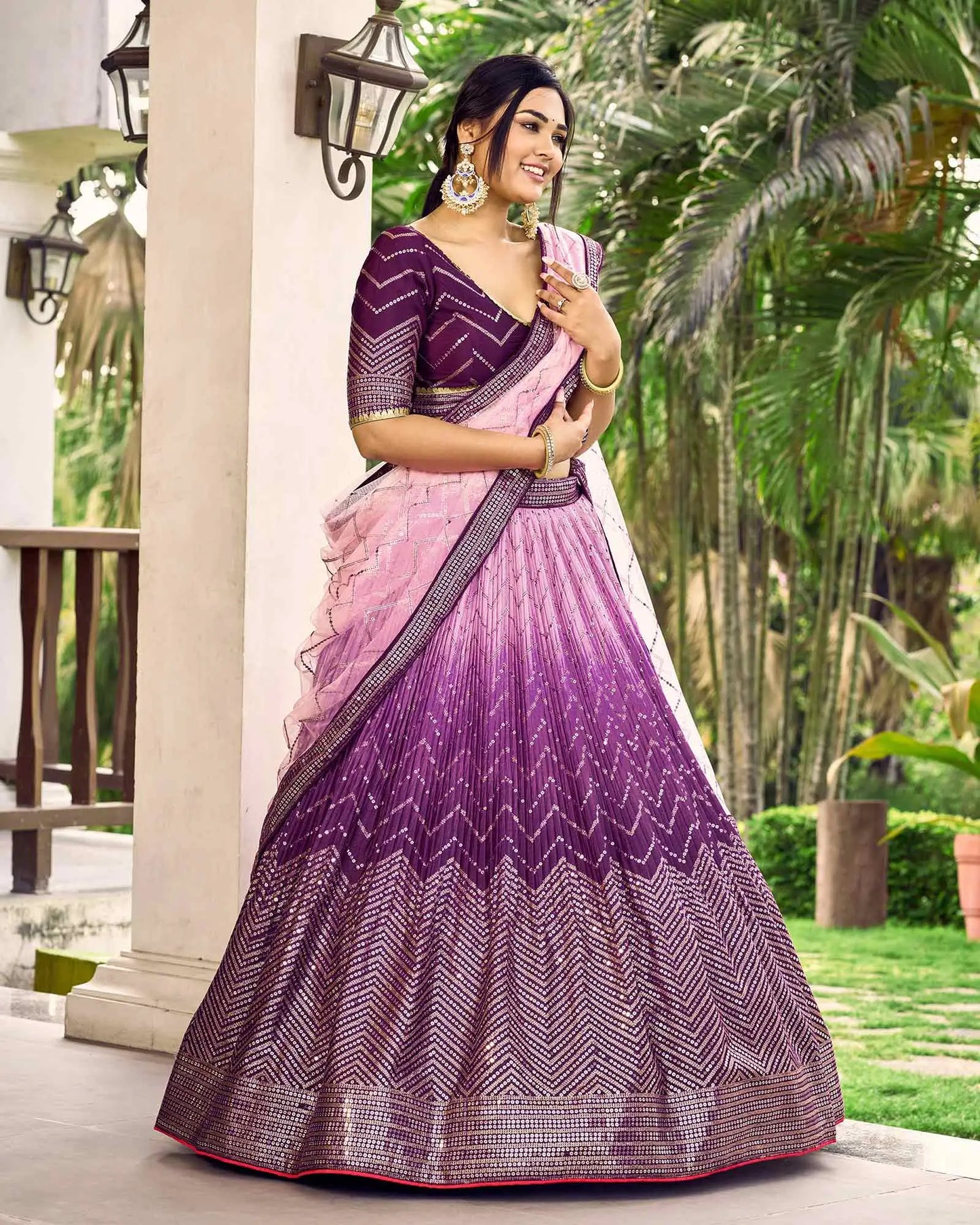 Purple And Light Peach Lehenga Choli With Thread And Sequins Embroidery Work